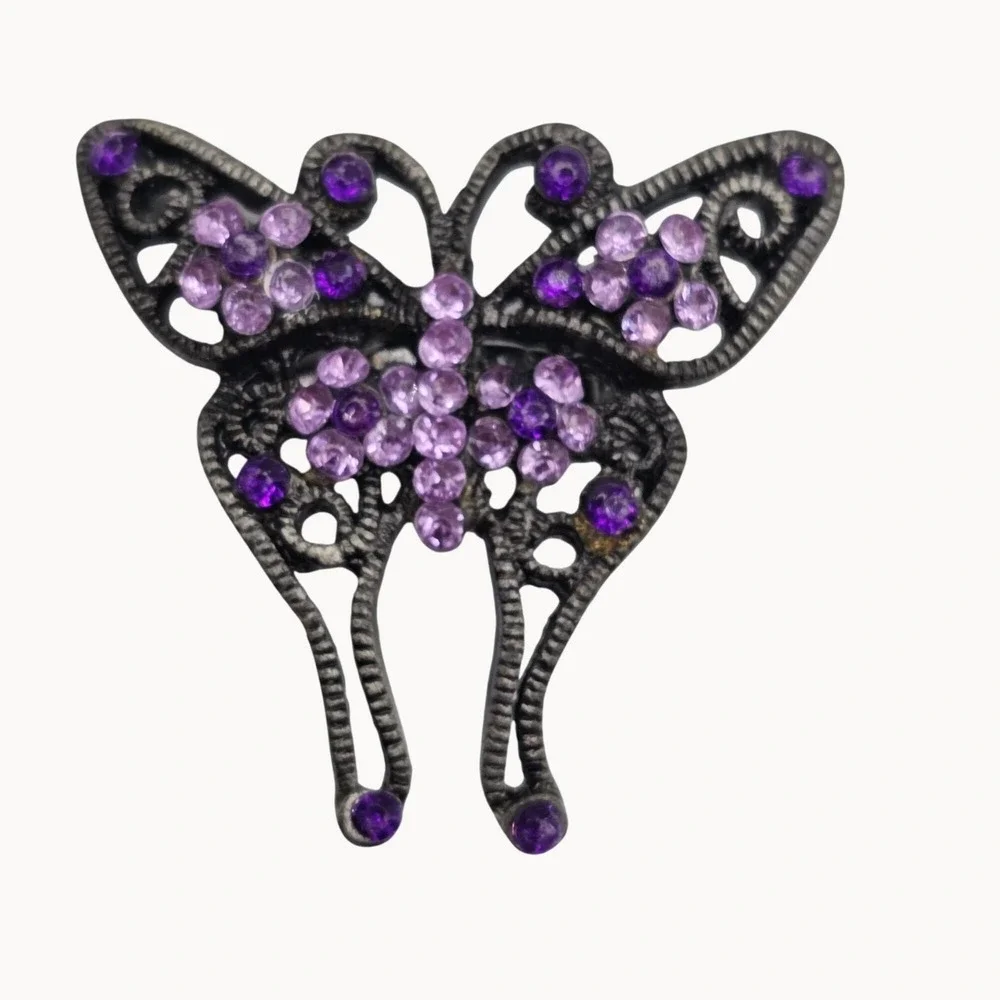 Rhinestone Floral Butterfly Brooch Pin Set 3pc Purple Pink Gunmetal‎ Whimsigoth